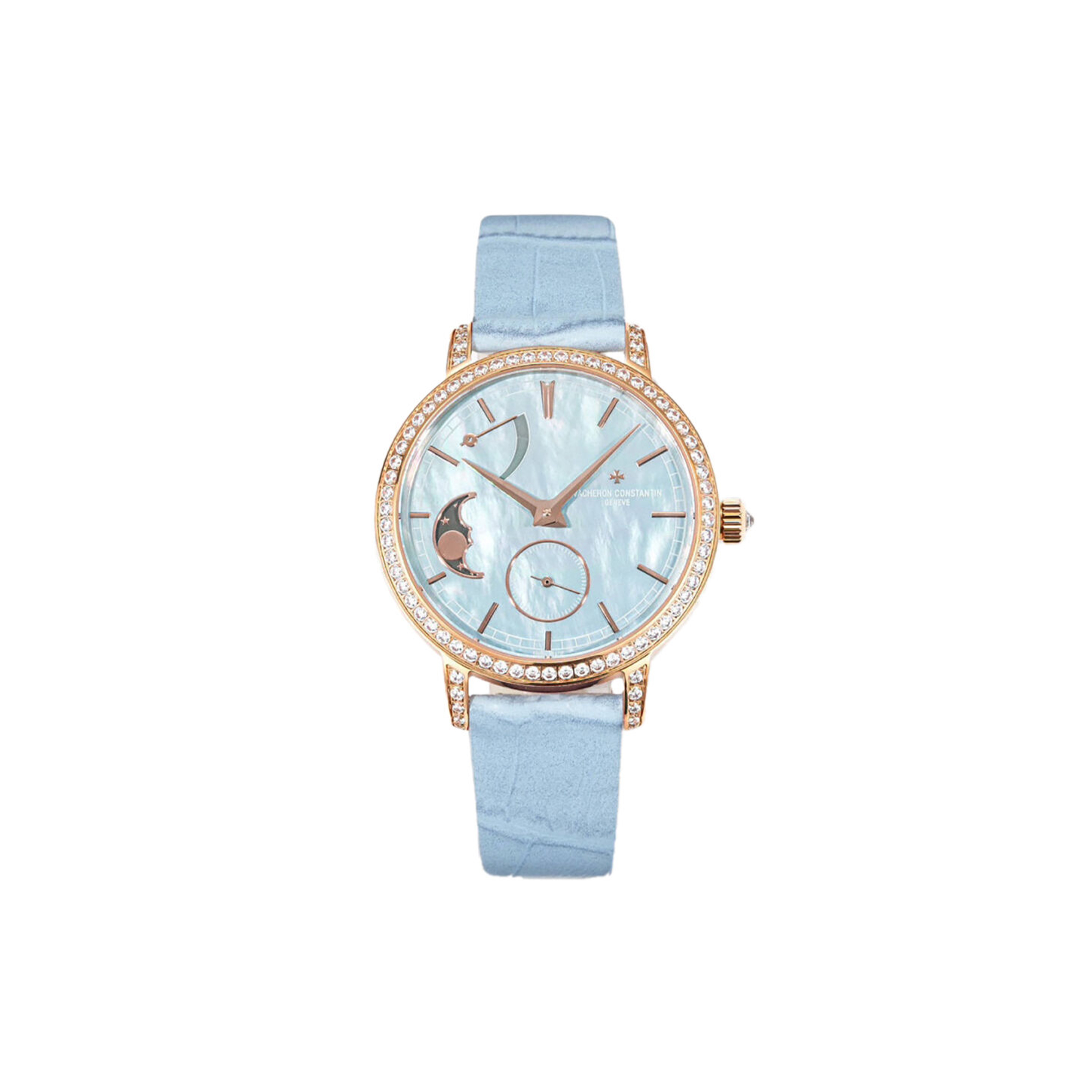 vacheron co*sta*t*n traditionelle moon phase blue mop dial with Di*m*nd bezel in pink gold on blue leather strap watch 83570/000r-9915